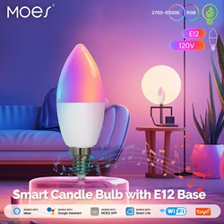 MOES-candelabro inteligente con WiFi, 5W, 1600 millones de colores, Bombilla RGBCCT, 2700-6500K, Alexa, Control por voz de Google, Tuya, E12