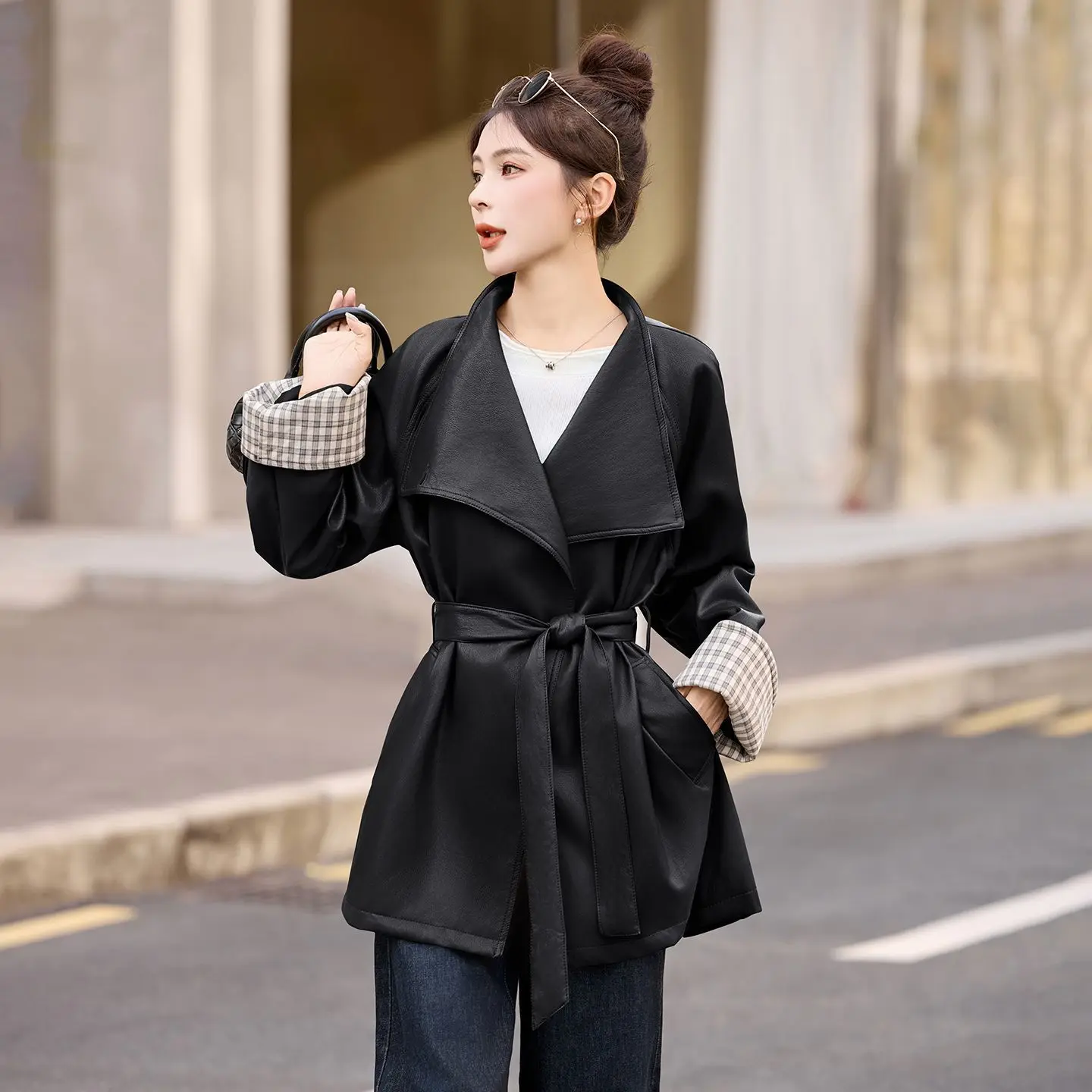 Ele Long Leather Jaet Women's Autumn New Sle Belted Maturi Lightened Wind Coat Polyester Fiber Long Sve Loose Fit