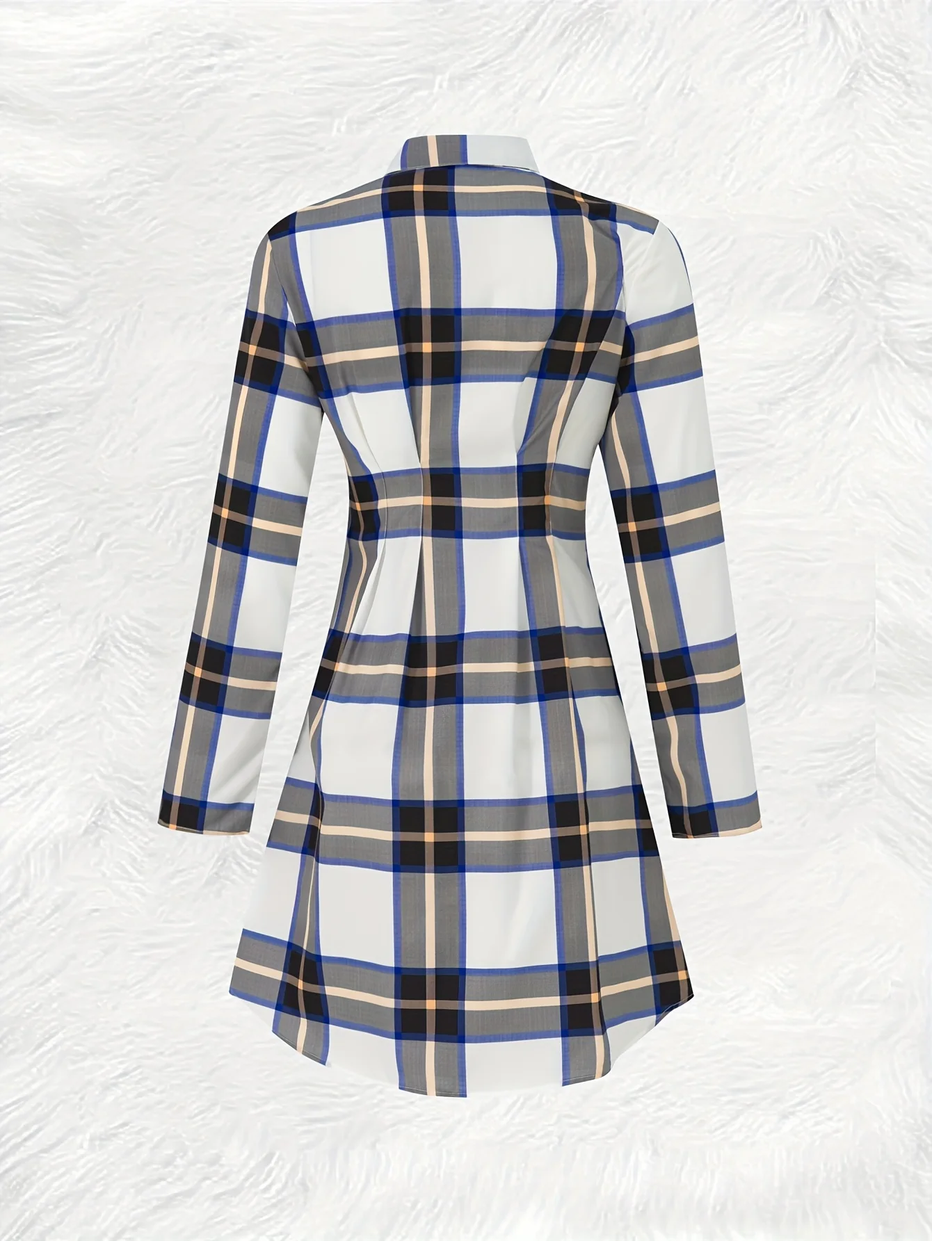 Spring and Autumn Style Casual Style Blue White Yellow Plaid Pattern Lapel Collar Button Long Sleeve Shirt Dress