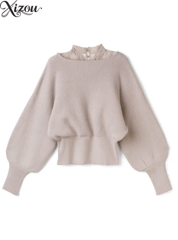 Damskie swetry z dzianiny w stylu japońskim na rok 2025, z odkrytymi ramionami, koronkowym kołnierzykiem, patchworkiem, długimi rękawami, dopasowany sweter, koreański pulower, jednolity kolor.