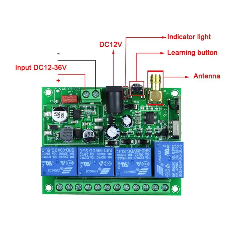 ABKJ-DC 12V 24V 36V 10A 433Mhz 4 Channel Wireless Relay RF Remote Control Switch Receiver+4CH Transmitter,4 Receiver 4 Remote