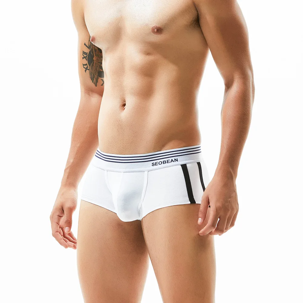 SEOBEAN men sports style cotton boyshort side spell white stripes two bars fashion youth boxers.