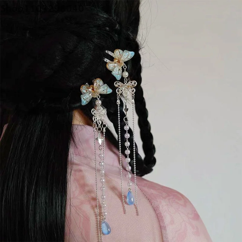 Elegante forcina a farfalla vintage da donna, bastoncino per capelli in stile cinese con nappa, bellissimo accessorio ispirato all'antichità
