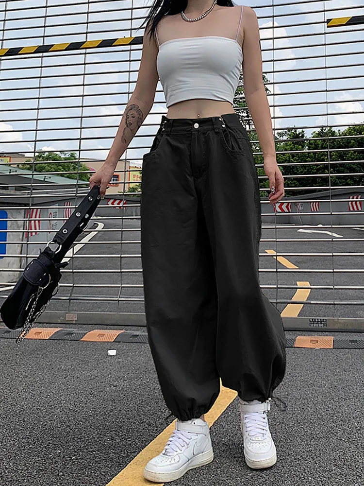 ALLNeon Y2K Fashion Khaki Oversized Cargo Pants Hip Hop Style Loosed Adjustable Waist Drawstring Long Pant Streetwear 90s Autumn