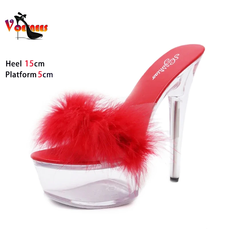 Red Fur Slippers Summer Shoes For Ladies Stage Show Transparent Platform Crystal Slides Thin Heel Sandals Women Club Party Heels