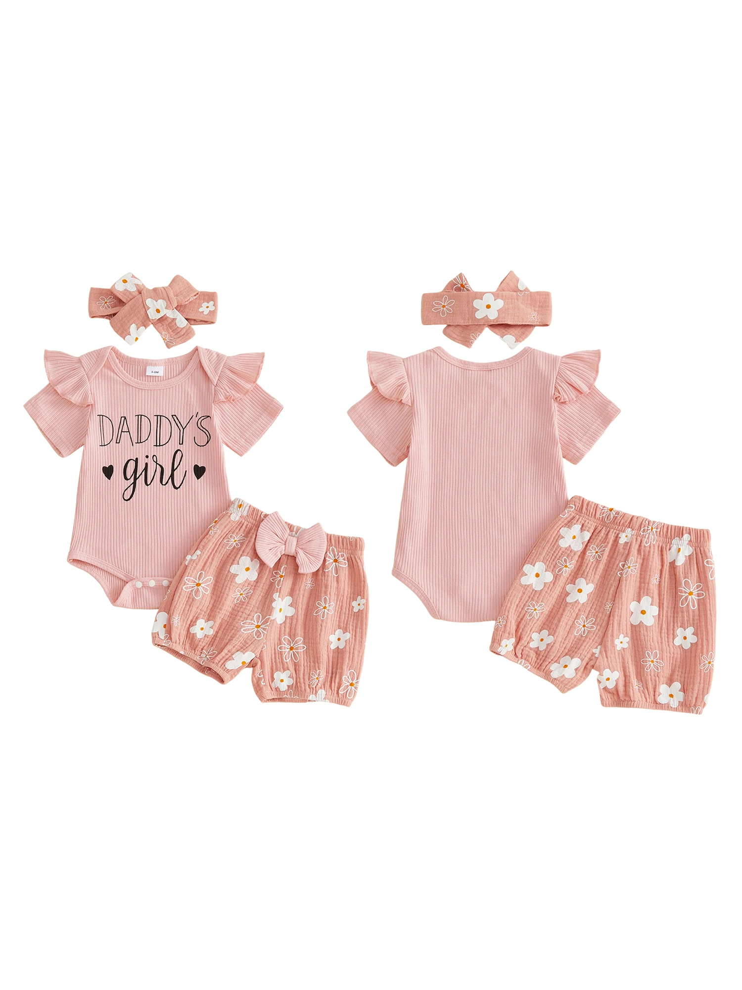 

3Pcs Baby Girl Clothes Set Crew Neck Ruffle Short Sleeve Romper Elastic Waist Floral Shorts and Headband Outfit