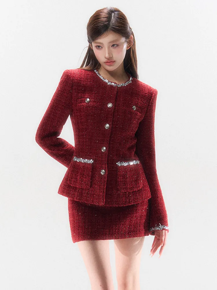 High Quality French Tweed Two Piece Set Women Luxury Jacket Coat + Mini Skirt Suits Fall Winter Sweet Christmas 2 Piece Outfits