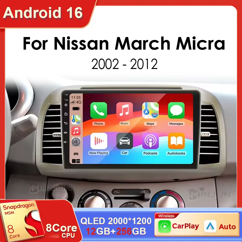 Radio para Auto Qualcomm 8Core Android 16 para Nissan March Micra K12 2002 - 2010 con CarPlay inalámbrico, Android Auto, 4G, BT5.4, GPS, DSP, 360Ca