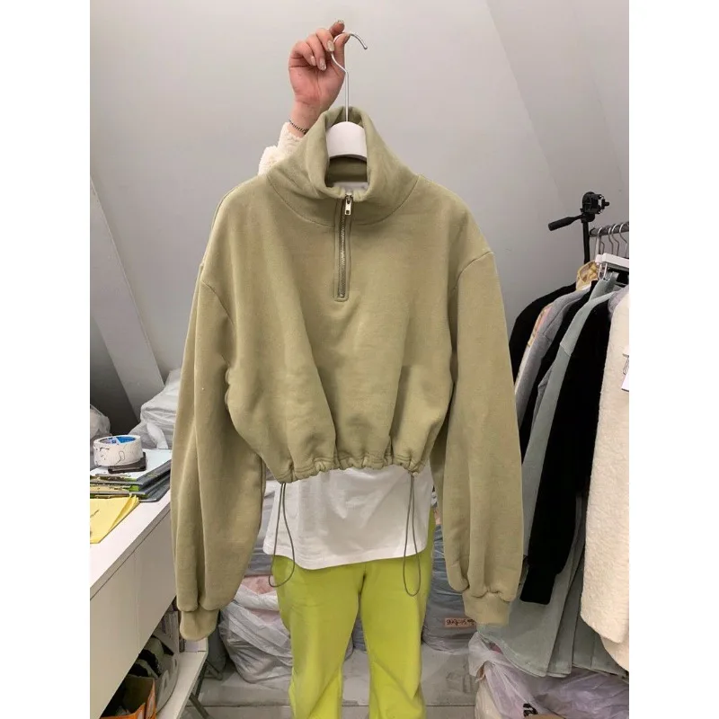 Top Sweatshirt Women's Spring/Autumn Stand-up Collar Youthful High-waisted Drawstring Zip Fastening Pullover Cropped Fashionable