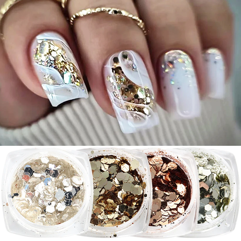 Gold Nail Sequins Set Chunky Glitter Mixed Nails Art Confetti Shiny Silver Spangles Champagne Paillette For Manicure NTFP-01