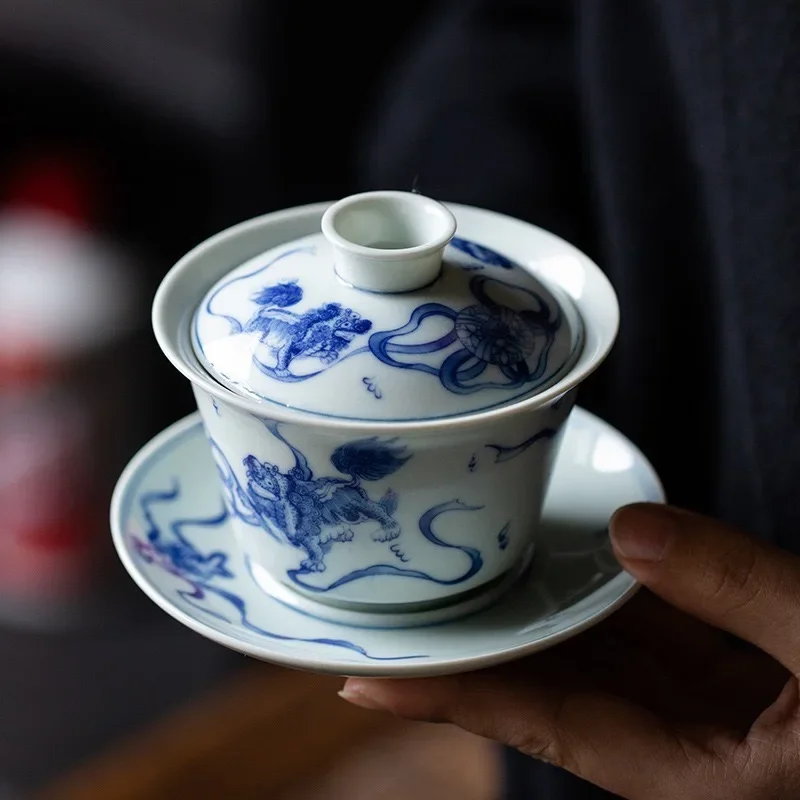 130ML Jingdezhen Antique Doucai Blue and White Underglaze Red Sancai Cover Bowl Tea Bowl Household Not Hot Ceramic KungFu TeaSet