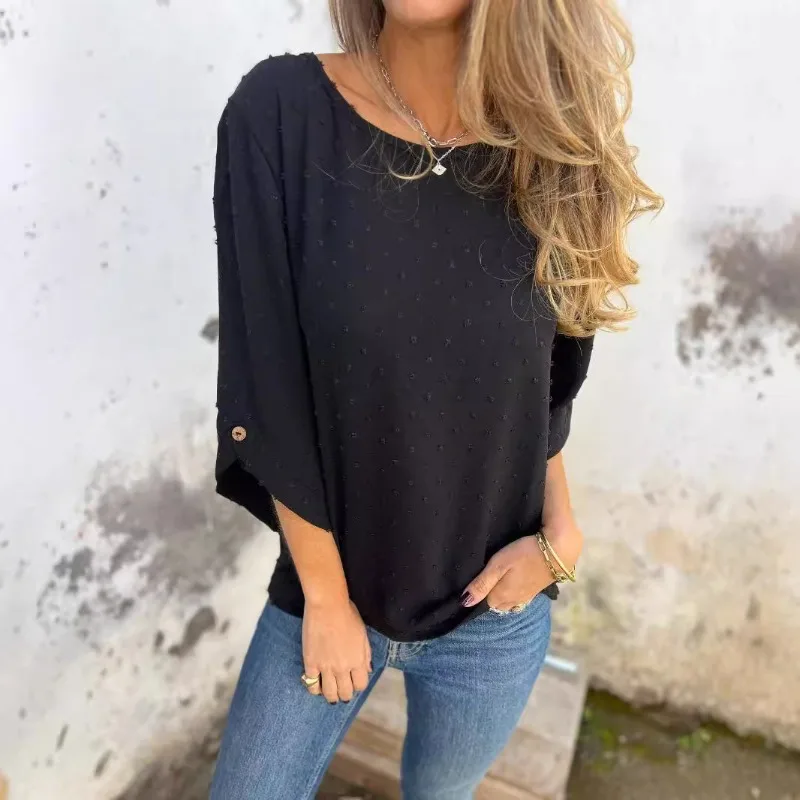 Women Swiss Dot Jacquard Blouse O Neck 3 4 Sleeve Loose Casual Chiffon Fashion Daily Wear Top