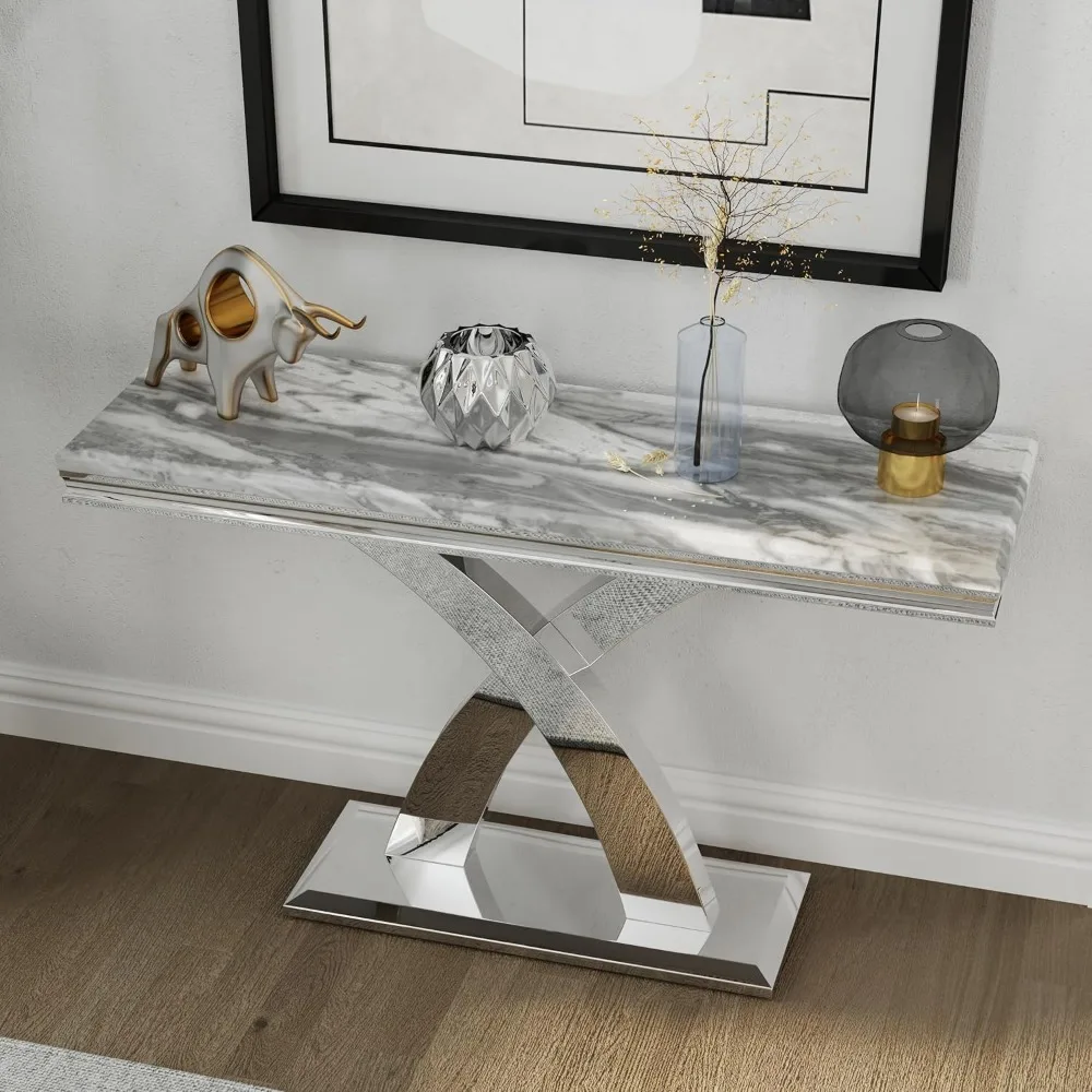 طاولة كونسول مستطيلة مقاس 50 بوصة مخططة باللون الرمادي مع قاعدة X مرآة لمدخل غرفة المعيشة
