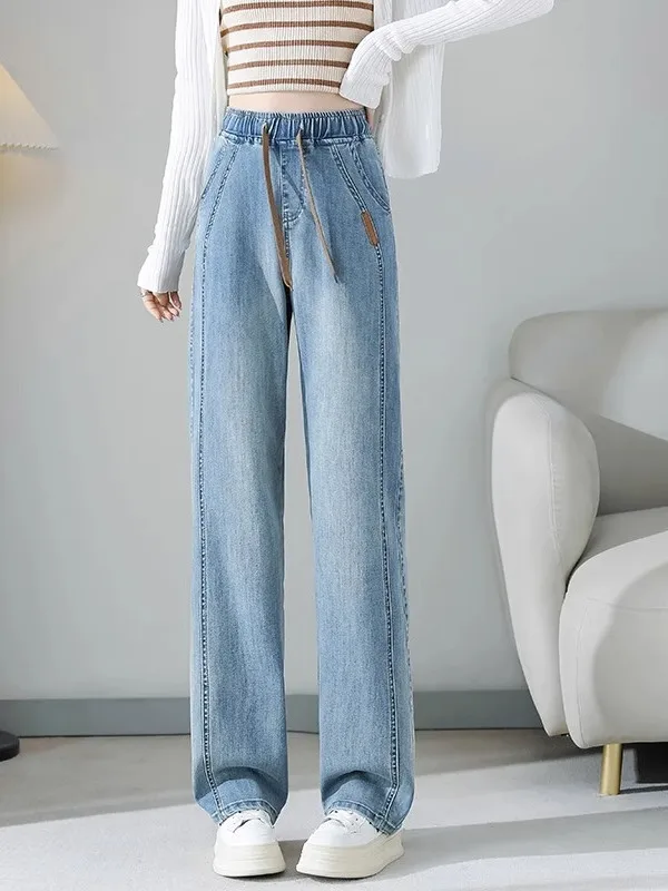 

Легкие прямые джинсы, женские весенние 2024, новые свободные широкие брюки с эластичной резинкой на талии, брюки с высокой талией для женщин