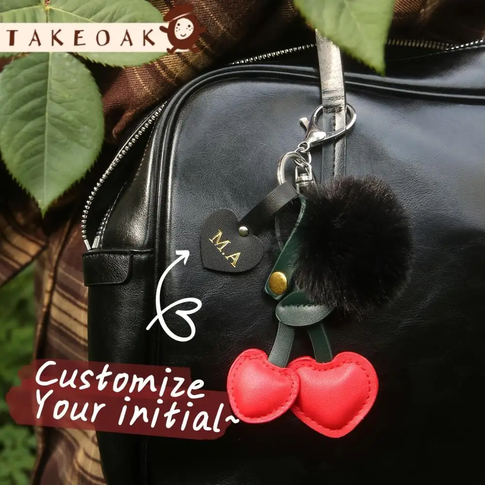 Custom Cherry Shape Bag Charm Personalized Initial Print Pu Leather Keychain with Pom-Pom Ball Cute Bag Pendant Valentine Gift