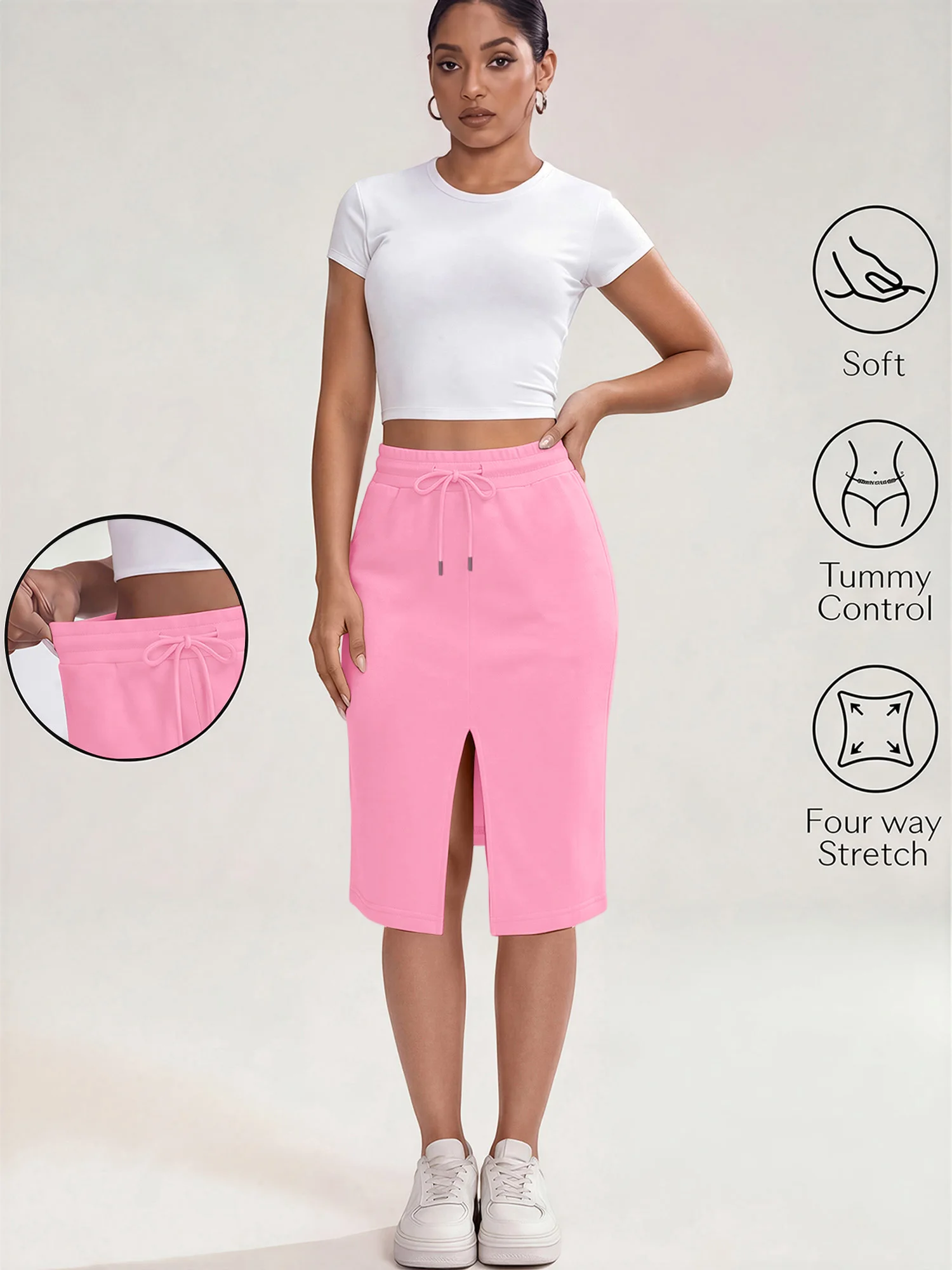 Simple Solid Women Midi Pencil Skirt Drawstring Elastic Waist Front Split Sweat Fabric Hip‑Hugging Casual Daily Street Skirt
