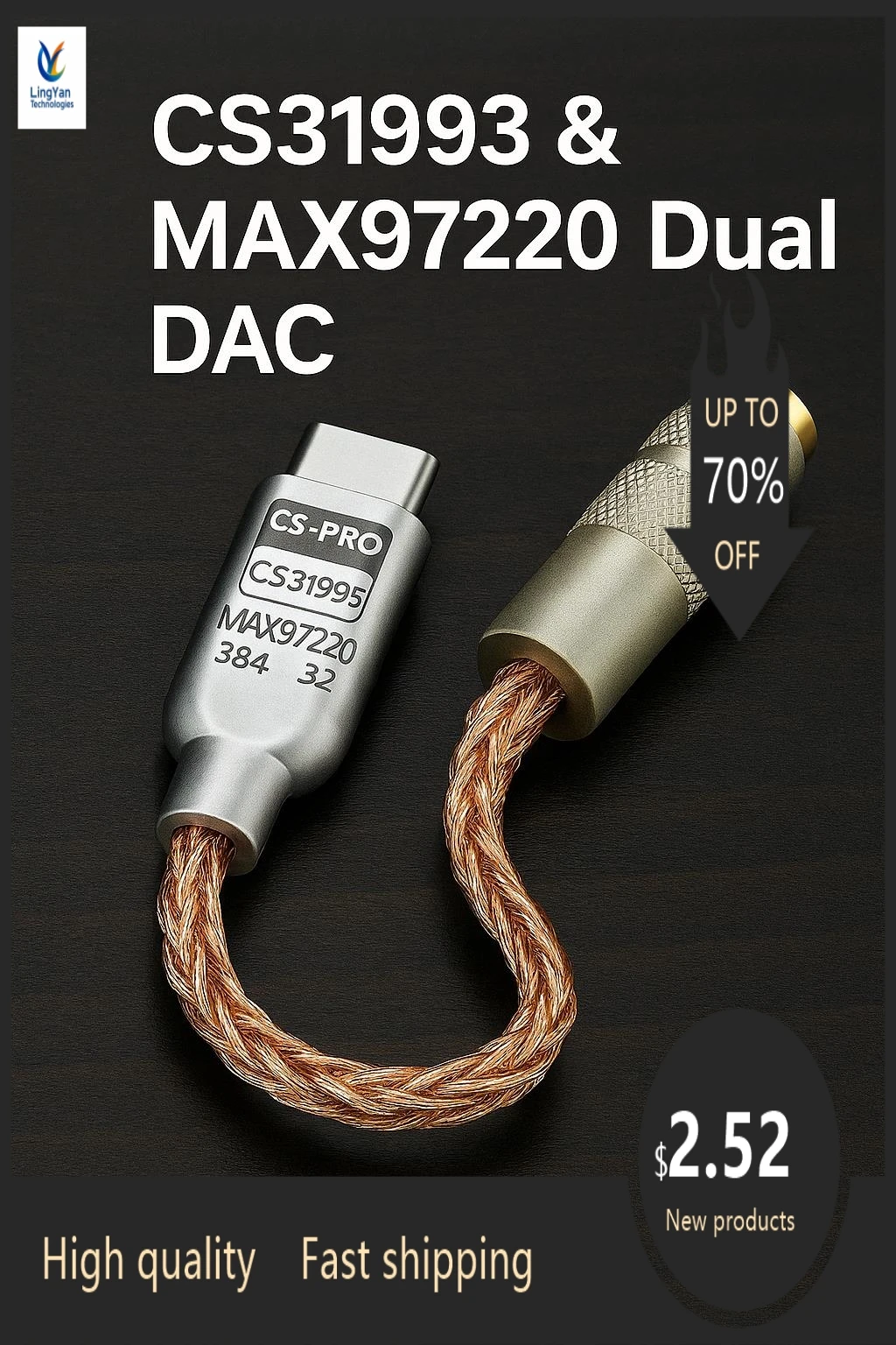 

Top Type-C to 3.5mm DAC Headphone Adapter CX31993 MAX97220 Dual Chip Amp Cable for Android PC HiFi Audio DSD 384kHz 32bit