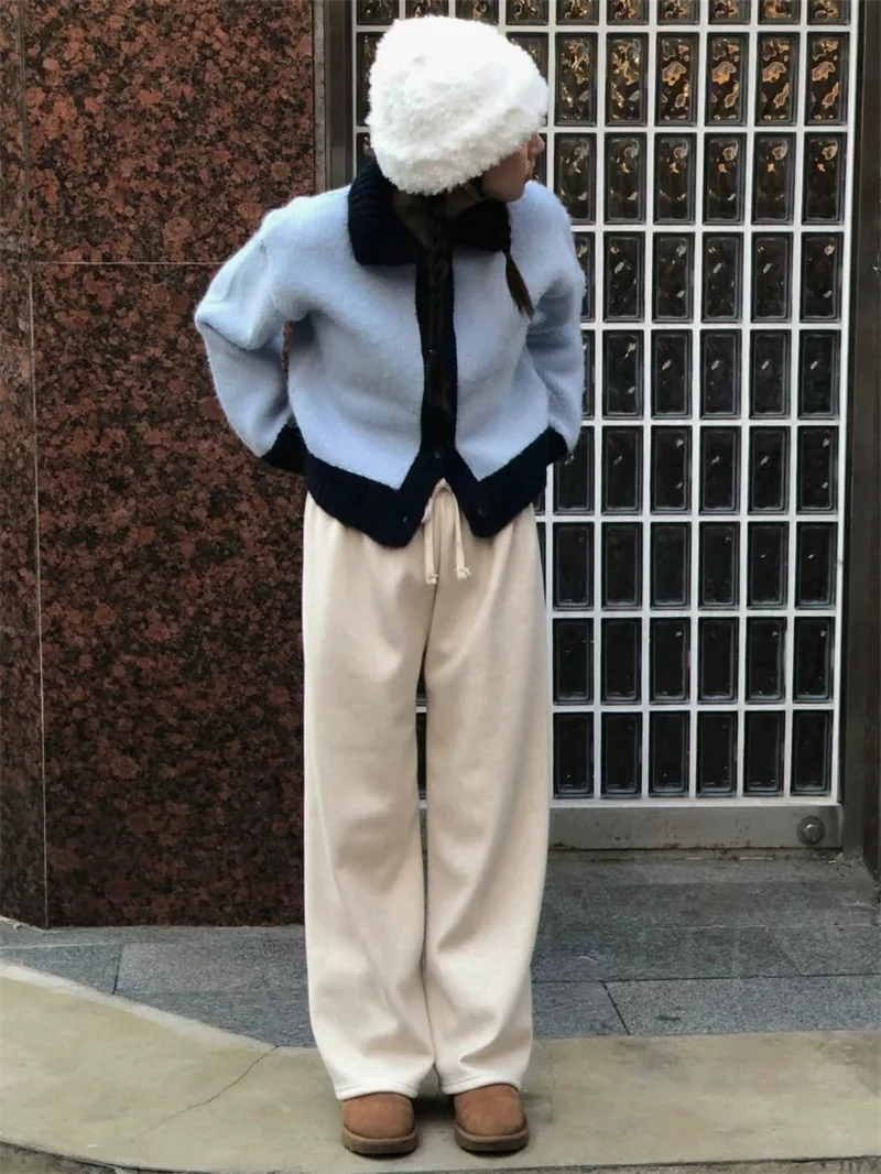 Calças Casuais de Inverno 2023  Slim Fit com Cintura Elástica Forradas em Fce com Punhos em Cor Sólida de Poliéster