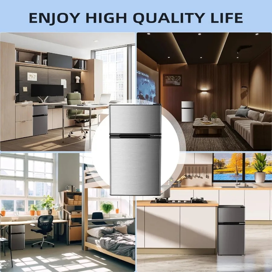 3.2 Cu.Ft Mini Refrigerator with Freezer Double Door Compact Fridge for Bedroom Office Dorm Kitchen - Adjustable Thermostat Sil