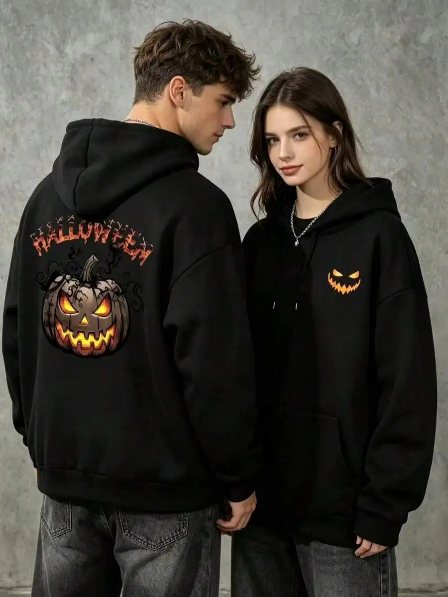 Men's Double Sided Halloween Pumpkin Hoodie, Couple Costume Halloween, Long Sleeve Tops, Halloween Dealss, Couples Matching Outfits, Mens Fall Clothes