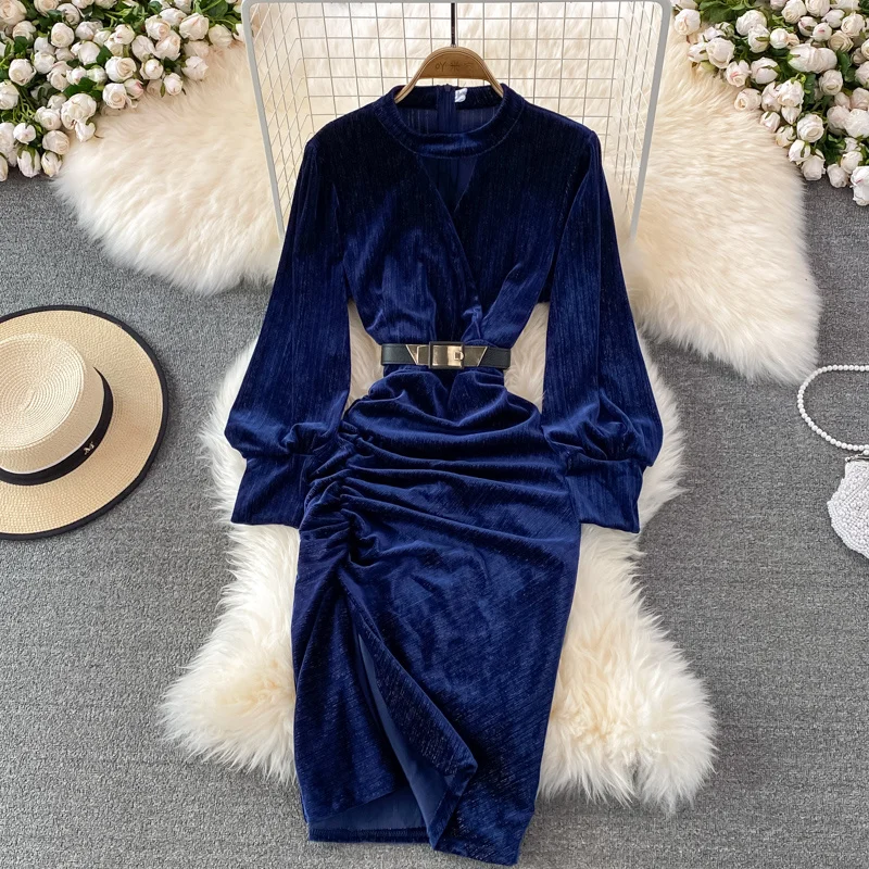 Autumn 2024 New Fashion Hanging Neck Velvet Party Dress Women's Sexy Slim Fit Show Thin Split Bodycon Asymmetrical Evening Dress