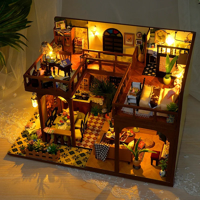2025New Diy Mini Wooden Dollhouse  Furniture Light Kit Doll House Casa Miniature Accessories Handmade Wooden Toys Birthday Gifts