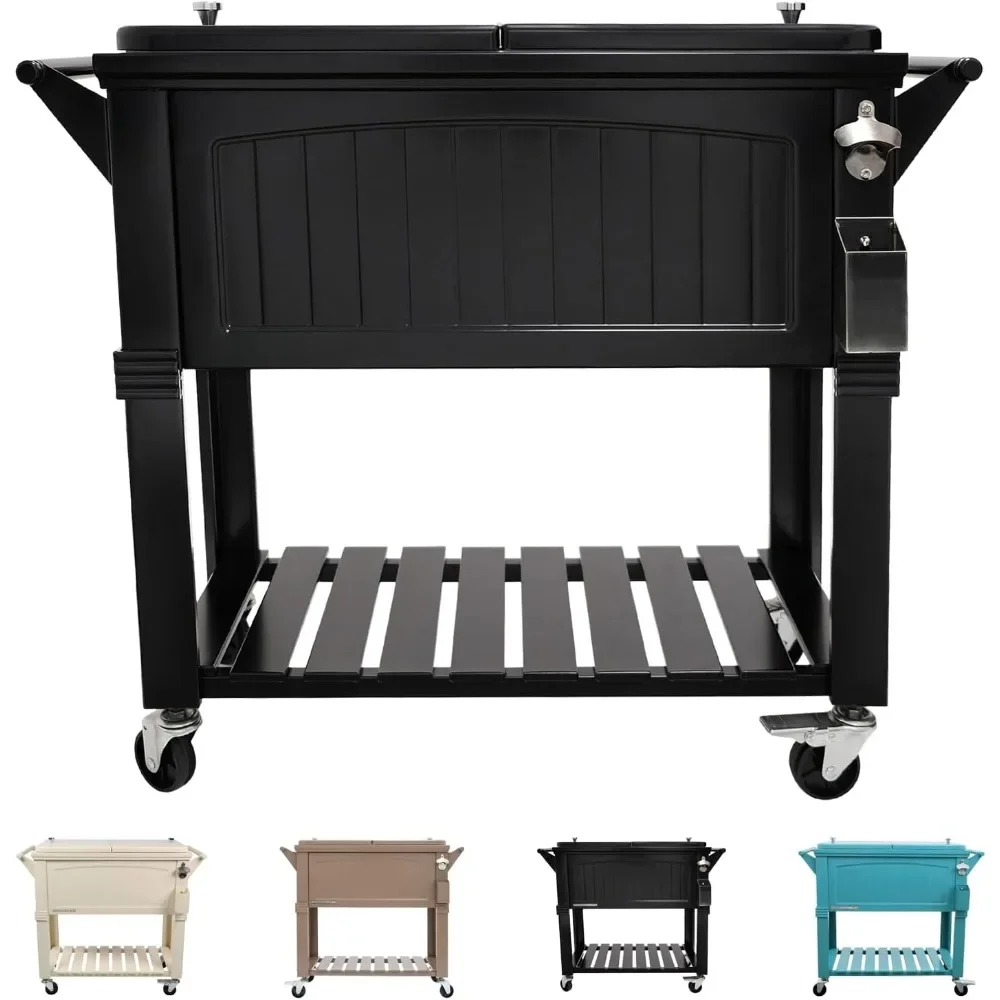 80-Qt Party Ice Cooler Table with Wheels and Handles, Wooden Teak Accent, Outdoor Rolling Ice Cooler Table