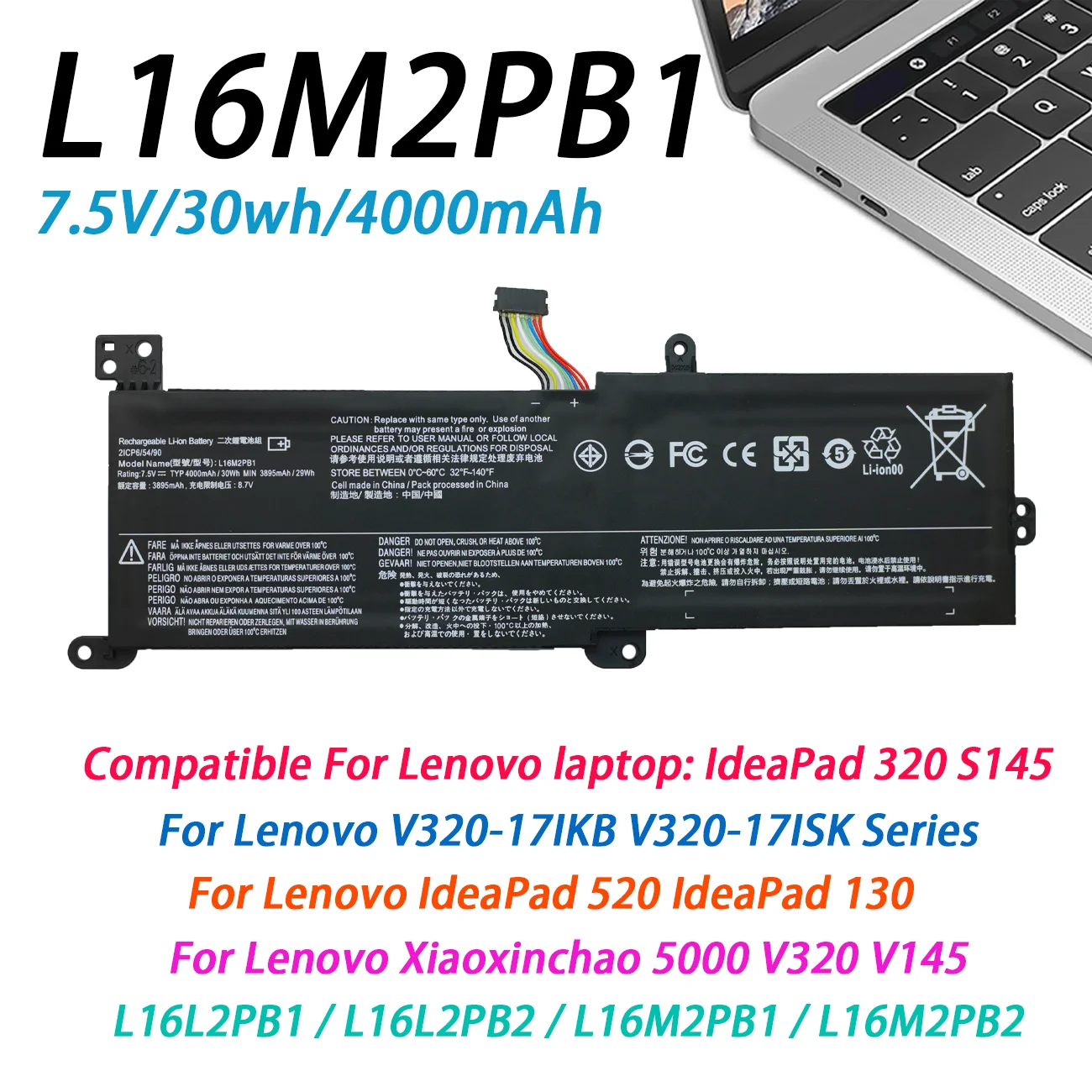 Batería para Portátil L16M2PB1 L16C2PB2 30WH 7.6V para Lenovo 330, 330-15IKB, 320-15IKB, 320-15AST, 320-17IKB, S145-15AST, 320-15ABR