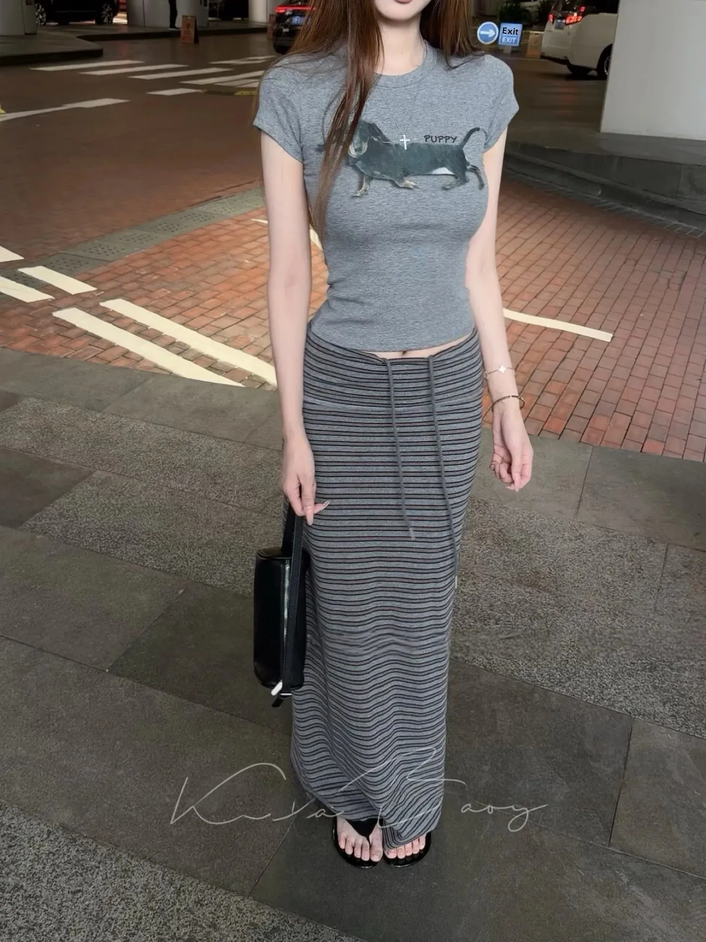 

Sweet Spicy Print Short Sleeve T-Shirt Set Women's Summer Fashion Two-Piece Suit Waist Flip Stripe Drawstring Skirt