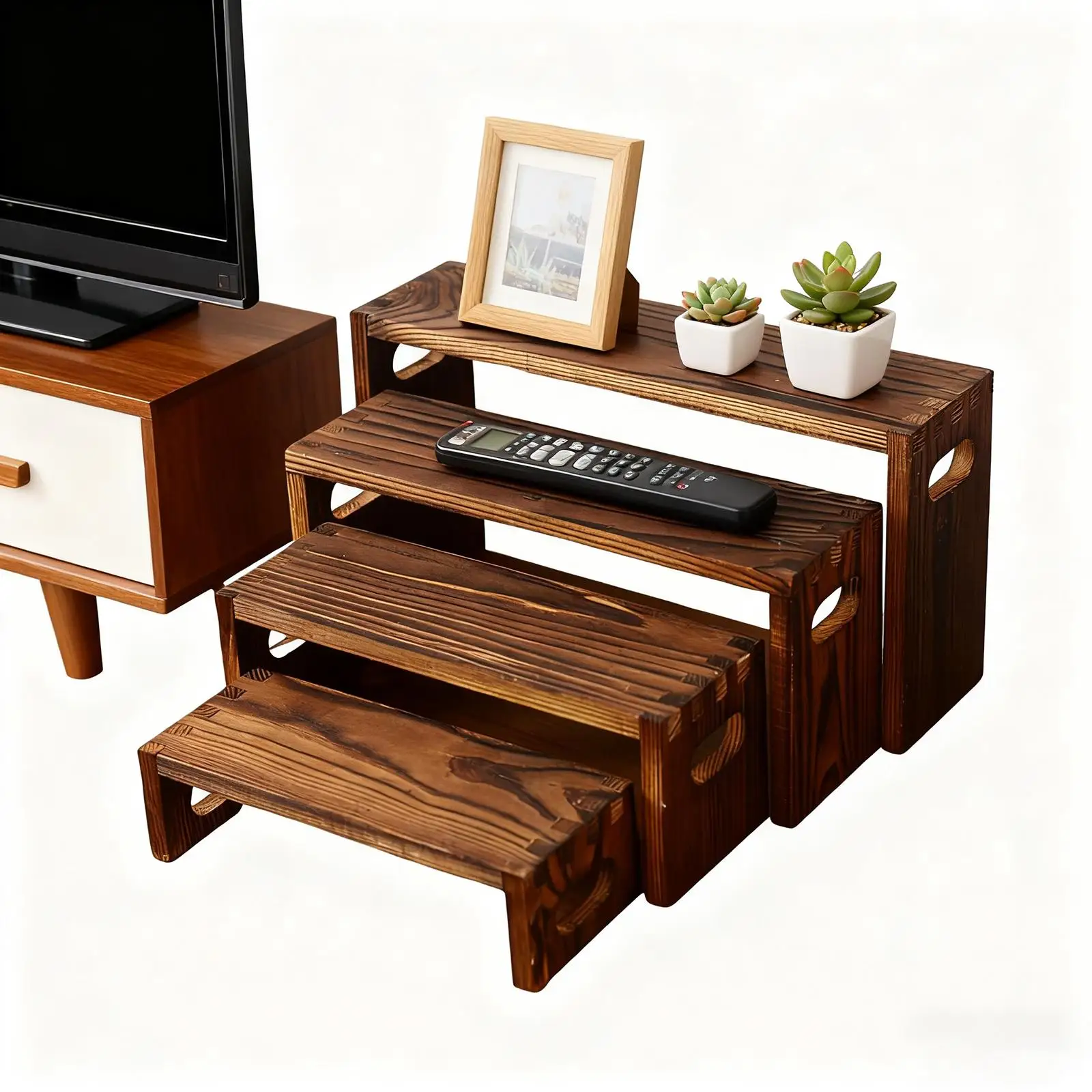 

4Pcs Wooden Tiered Riser Display Stands Jewelry Shelf Dessert Organizer Spice Rack for Party Retail Shoe Living Room Dolls