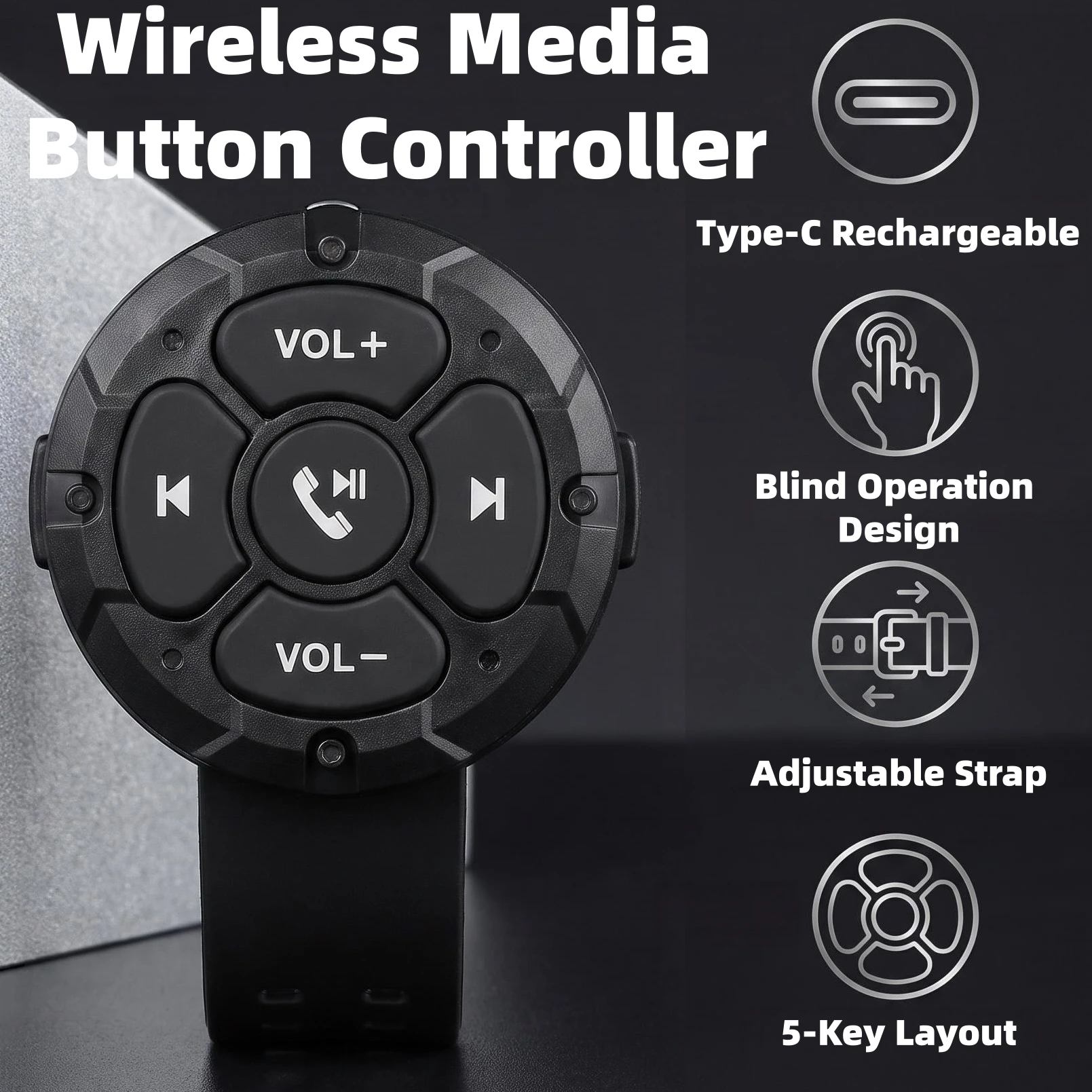 Bluetooth Media Button Remote Type-C Rechargeable Wireless Music Controller for Car Bike Motorcycle Steering Wheel Hands-Free
