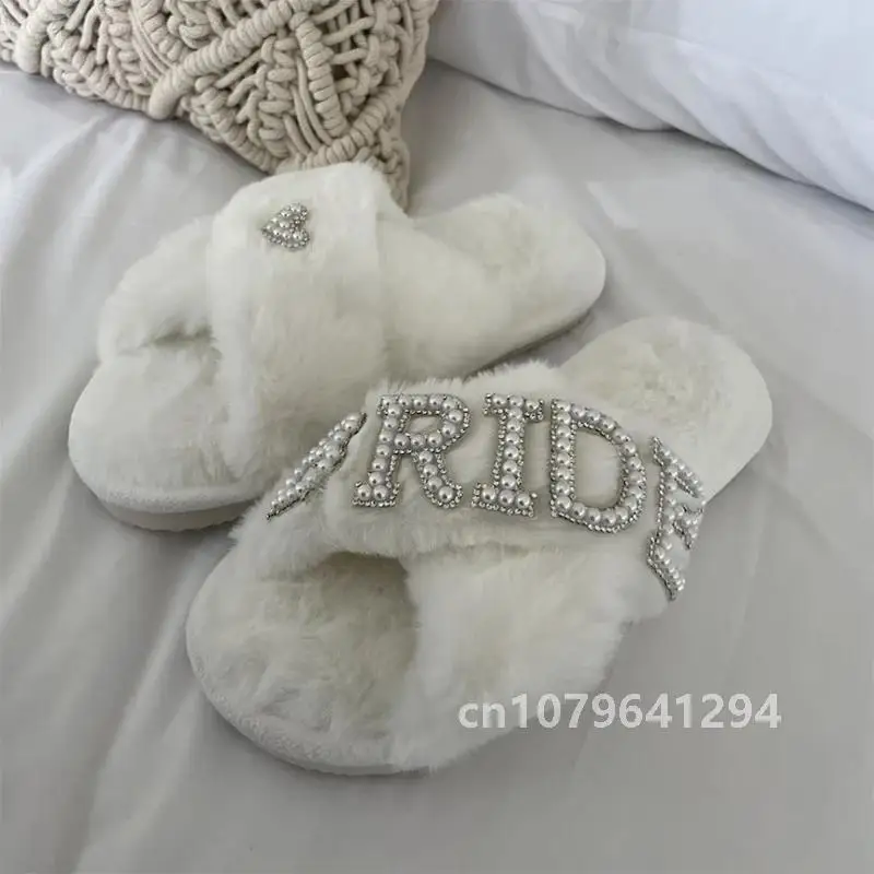 Bride to be white Fluffy Slippers Bridal Shower Wedding Honeymoon spa Sleepover Bachelorette hen do Party decoration Mrs Gift