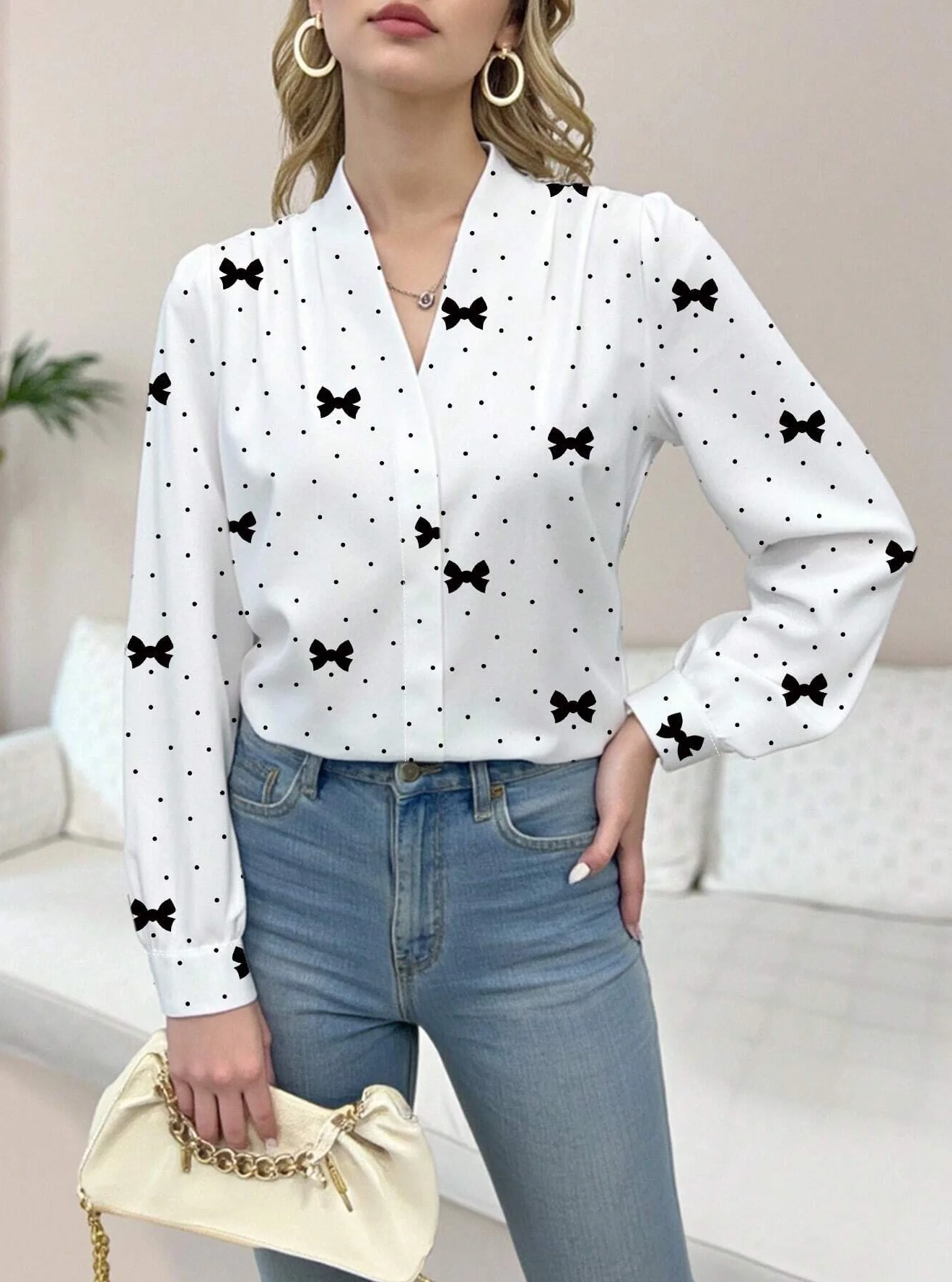 Camicia casual da donna con scollo a V a maniche lunghe stampata con fiocco a pois primaverili e autunnali