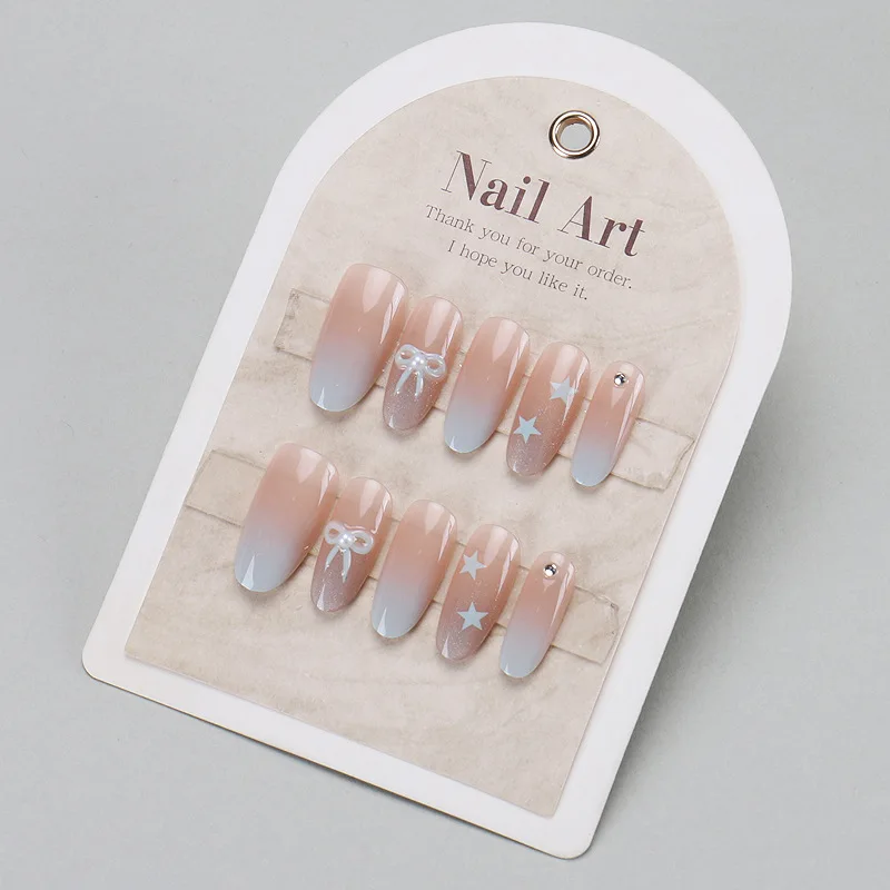 

10 шт. Sweet Kawaii Press On Nails Миндаль ручной работы «кошачий глаз» Французский синий звездный бант Длинные летние накладные накладные ногти Съемные