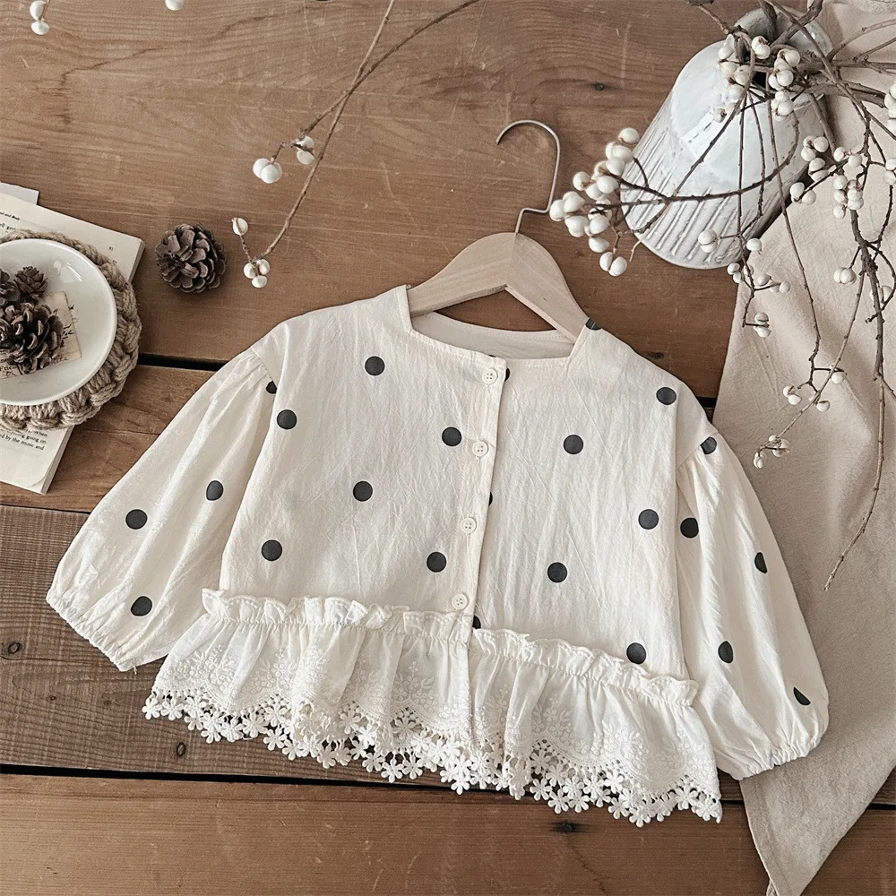 2025 Spring New Baby Long Sleeve Coat Dot Print Infant Girls Cotton Cardigan Toddler Sweet Lace Princess Coat Baby Clothes