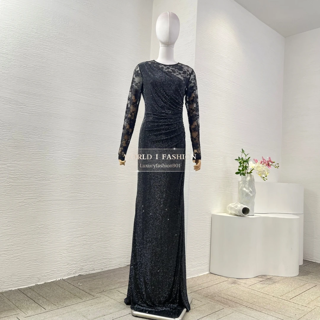 

2025 Новое черное кружевное платье миди с длинными рукавами и блестками в стиле пэчворк, платье миди с высоким разрезом и рыбьим хвостом