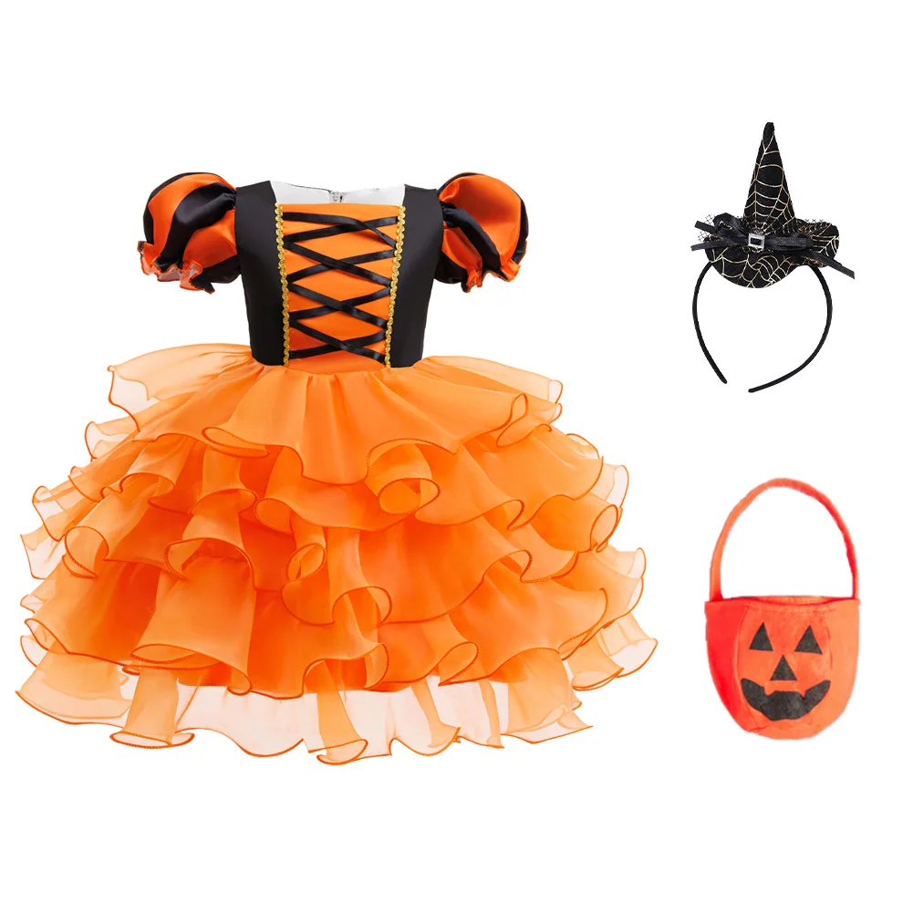 Halloween-Kostüm für Mädchen: Kleid mit Puffärmeln, Rüschen und mehreren Stoffschichten aus Tüll + Hexenhut + Süßigkeitenbeutel in Form einer Kürbis, Party-Outfit für Kinder, 3-teiliges Set. – Detail 12