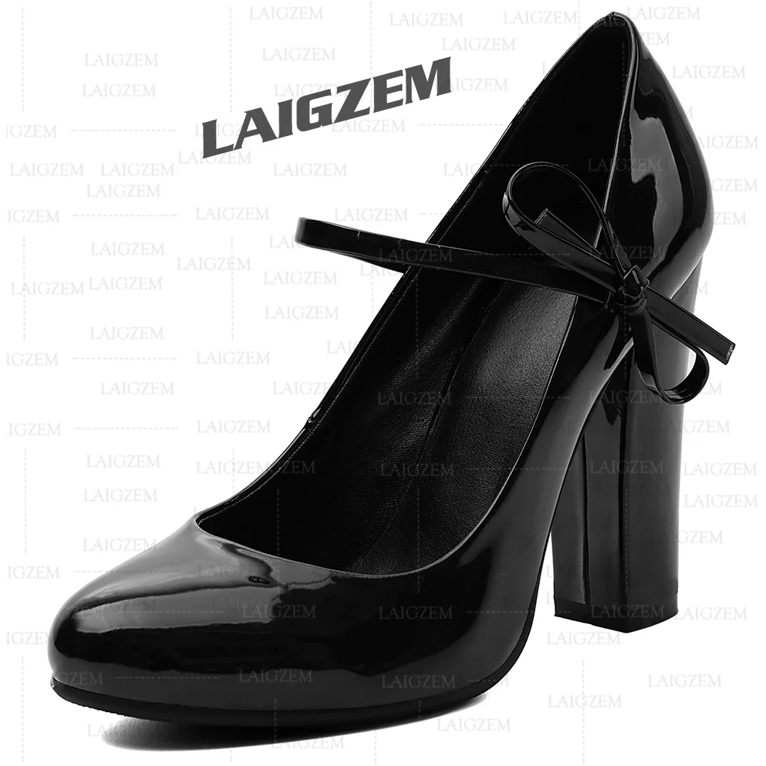 LAIGZEM Women Pumps Round Toe Shiny Thick High Heels Sandals Party Prom Wedding Handmade Shoes Woman Large Size 39 41 43 47 52