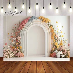 Mehofond Photography Background Arch Door Pink Flowers Children Birthday Party Cake Smash Portrait Decor Backdrop Photo Studio