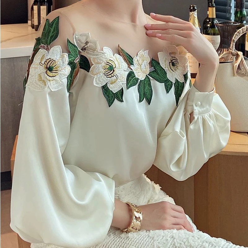 Mesh Patchwork Satin Blouse Elegant Embroidered Shirt O-neck Tops New Spring Autumn Long Lantern Sleeve Women\'s Clothes 24976