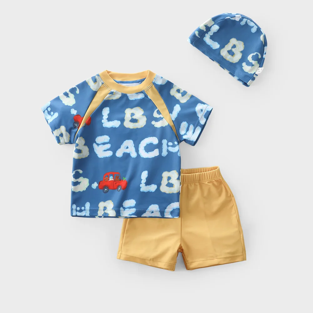 Baby Boys Swimming Clothes Swimwear Cap + T-shirt + Pant 3pcs Set 2022 Summer 18M 6yrs Kid Wear Cartoon Lion Printed 100cm 140cm