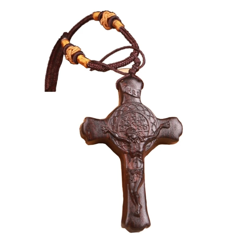 Wood Cross Necklaces for Men Adjustable Leather Rope Sweater Chain Christian Religious Cross Pendant Unisex Jewelry Gift