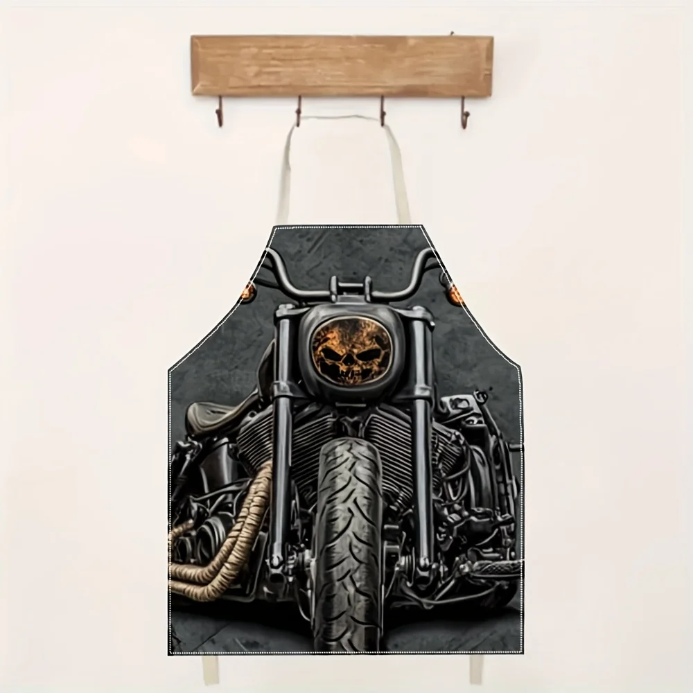 Linen Apron Biker Skull Motorcycle Design Men Gift Kitchen BBQ Grill Chef Accessory for Motorcycle Enthusiast