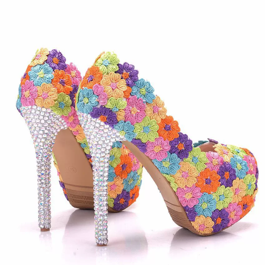 Spring round toe colorful lace flower waterproof table crystal heel single shoes banquet large size thin high-heeled women shoes