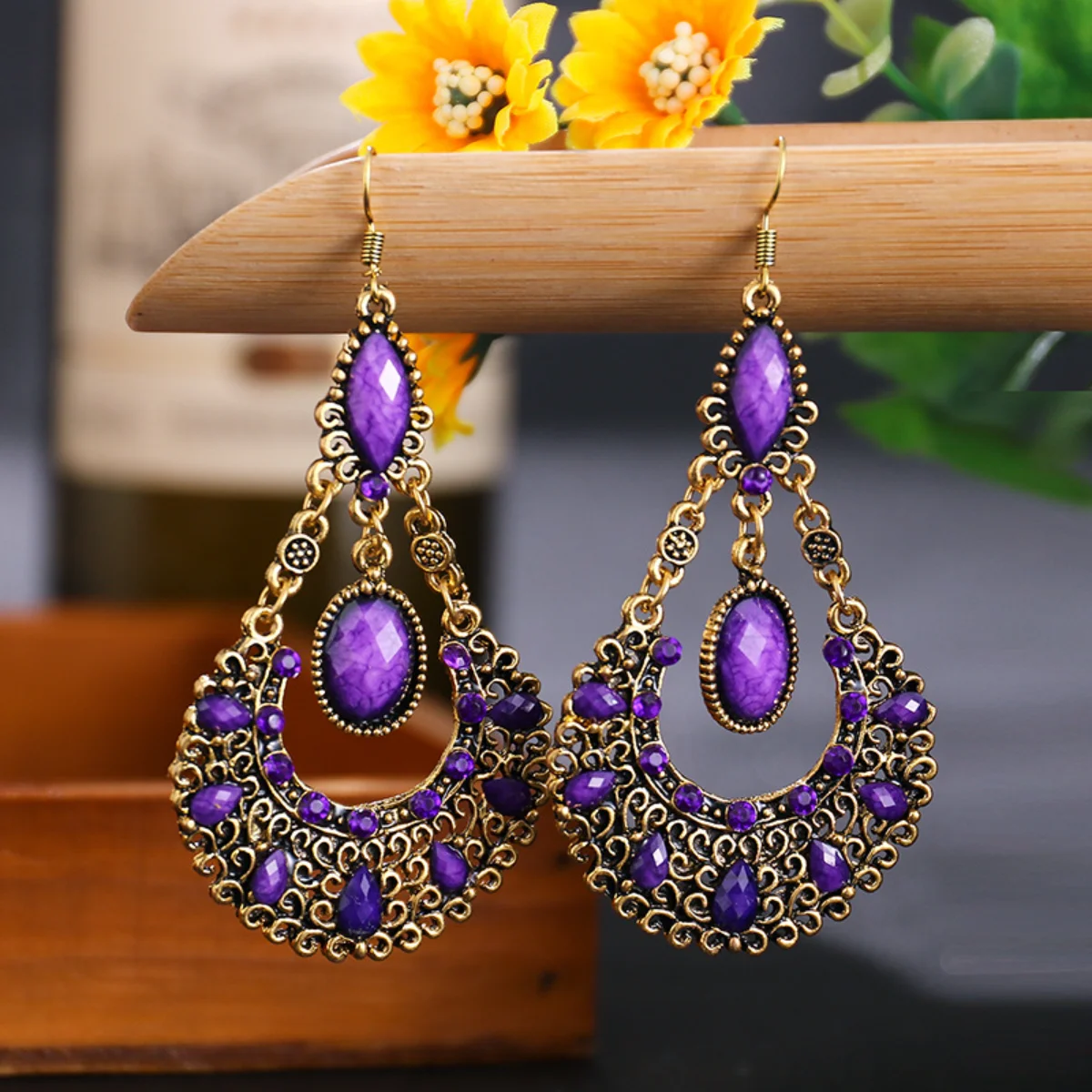 2023 Purple National Wind Texture Hollow Out Long Earring Diamond-encrusted Earrings Wholesale$1 Postage Free Support Bulk Order