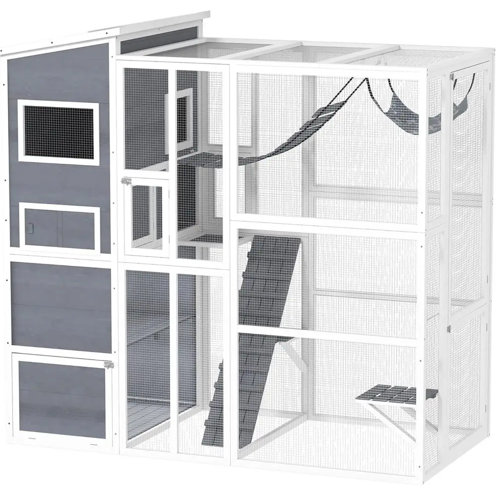 

Large Wooden Outdoor Cat Enclosure with Rooms, Platforms, Hammock, Ladder for 2-3 Kittens, 76 x 36 x 68, Gray