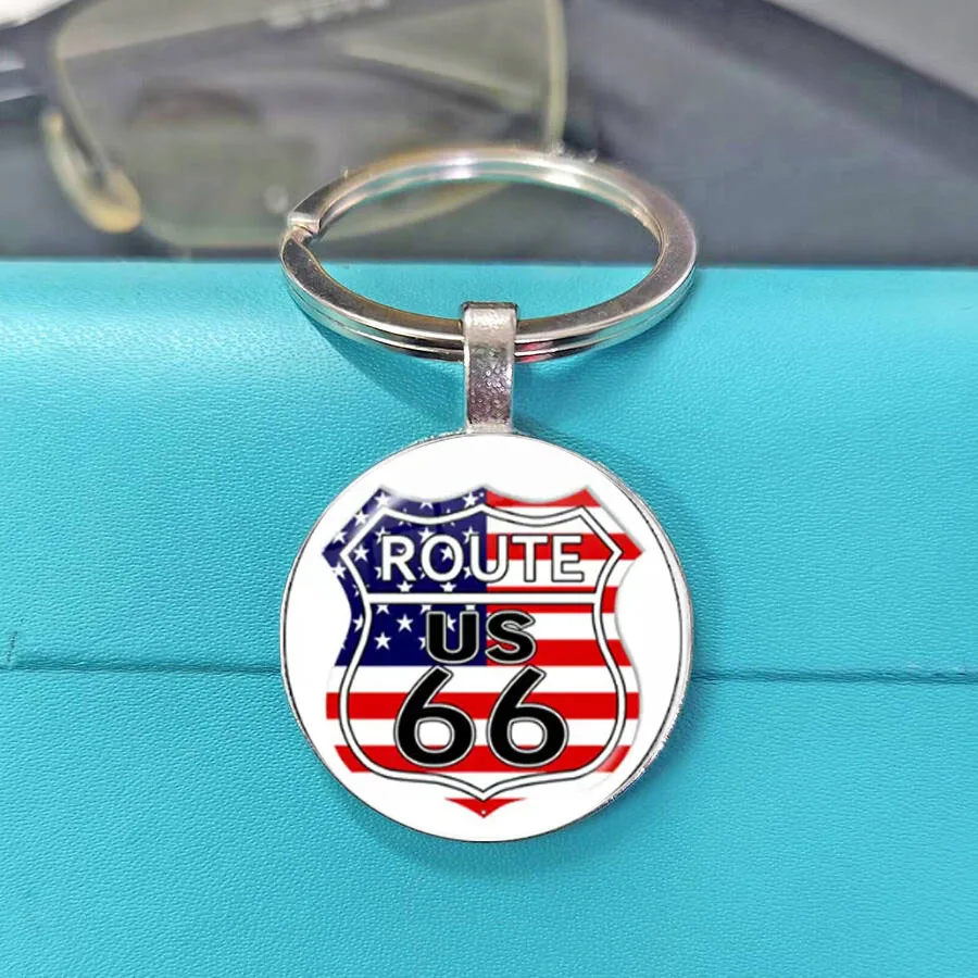 Vintage ROUTE 66 Keychain Motorcycle Car Key Chain Handmade Art Photo Glass Cabochon Key Ring Holder Women Men