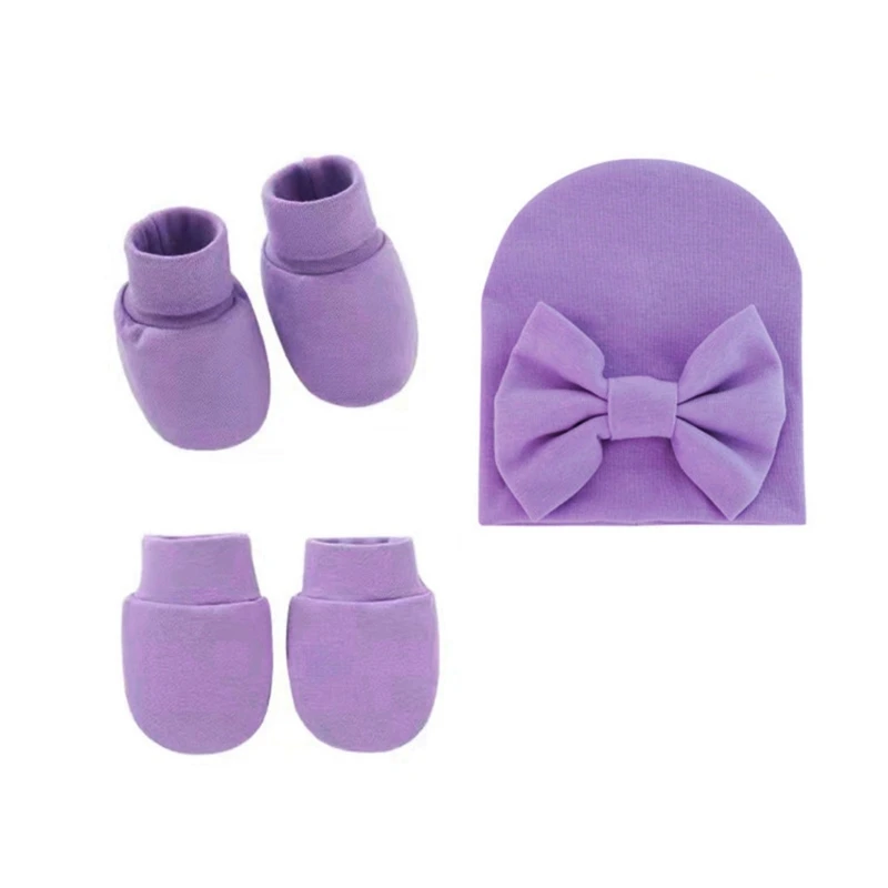 Baby Bowknot Hat No Scratch Gloves Foot Cover Set Infants Soft Cotton Mittens Socks for Newborn Todddles