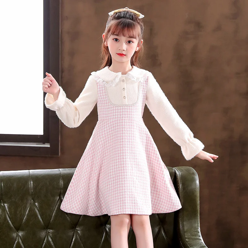 2023 Winter Dress Girl Autumn New Peter Pan Collar Patchwork Lace Long Sleeve Princess Dresses Kids Sweater Clothes High Quality