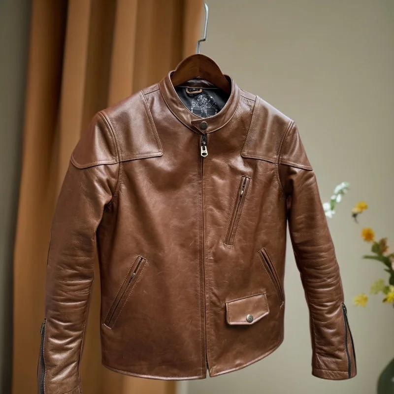

Классический американский ретро байкерский кожаный джет, мужской масляный воск из воловьей кожи, красный, коричневый, классический воротник, мужской джерт из натуральной кожи